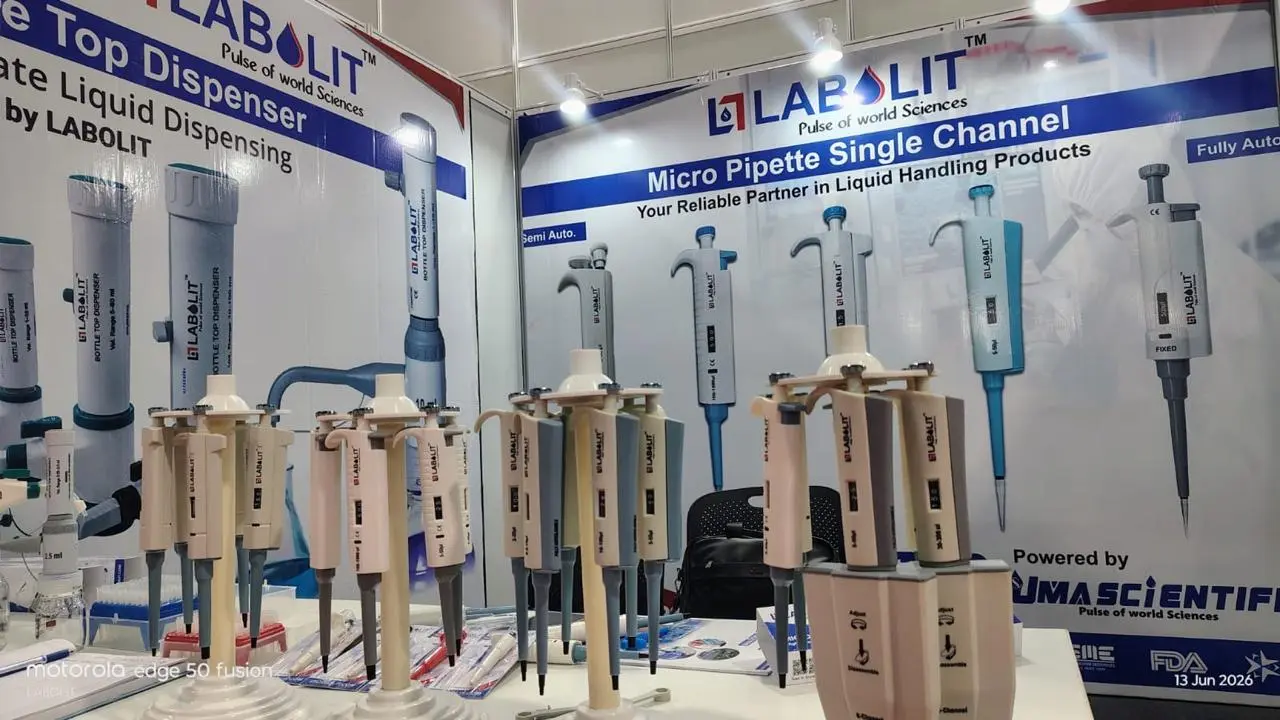 LABOLIT showcasing CE and ISO certified laboratory liquid handling products at Medicall Expo 2026 LABOLIT precision laboratory equipment exhibition at Medicall Expo Chennai Hall 1 Stall A5 Laboratory professionals visiting the LABOLIT exhibition booth at Medicall Expo Chennai 2026